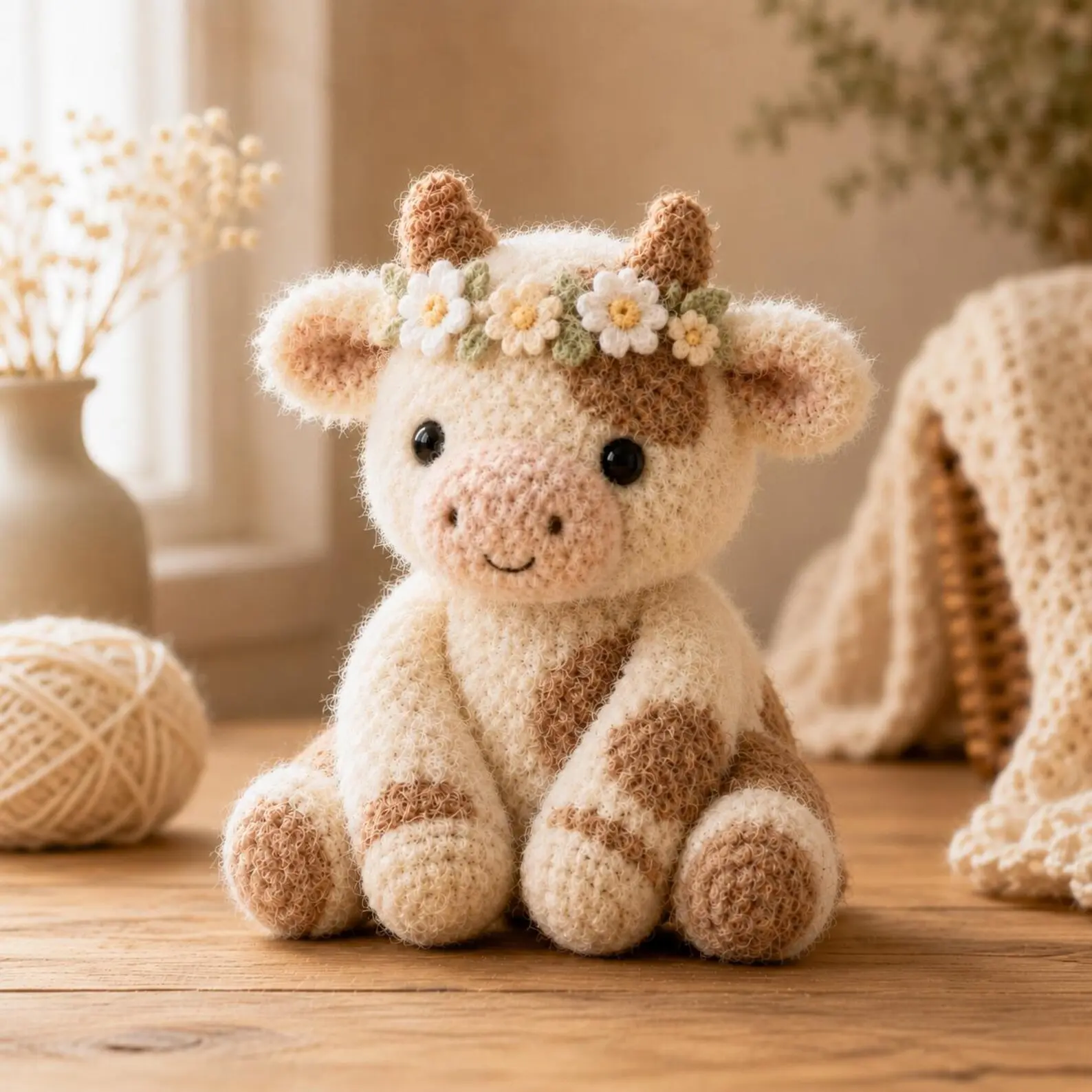 Floral Crown Highland Cow Crochet Plush, Handmade Fluffy Amigurumi Cow, Cute Farmhouse Decor, Cottagecore Cow Gift, Soft Cow Plushie