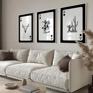 Western-inspired Cowboy & Bull Skull Pattern Canvas Painting without Frame, Unframed Art Print, 3 Counts/set Vintage Style Wall Art, Wall Art Decor for Home Living Room Bedroom, Ornaments