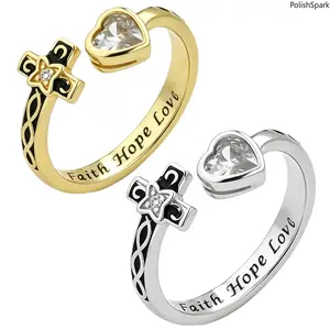 Faith Hope Love Engraved Cross Heart Open Adjustable Ring, Celtic Knot CZ Religious Inspirational Statement Ring Jewelry Gift summervibes