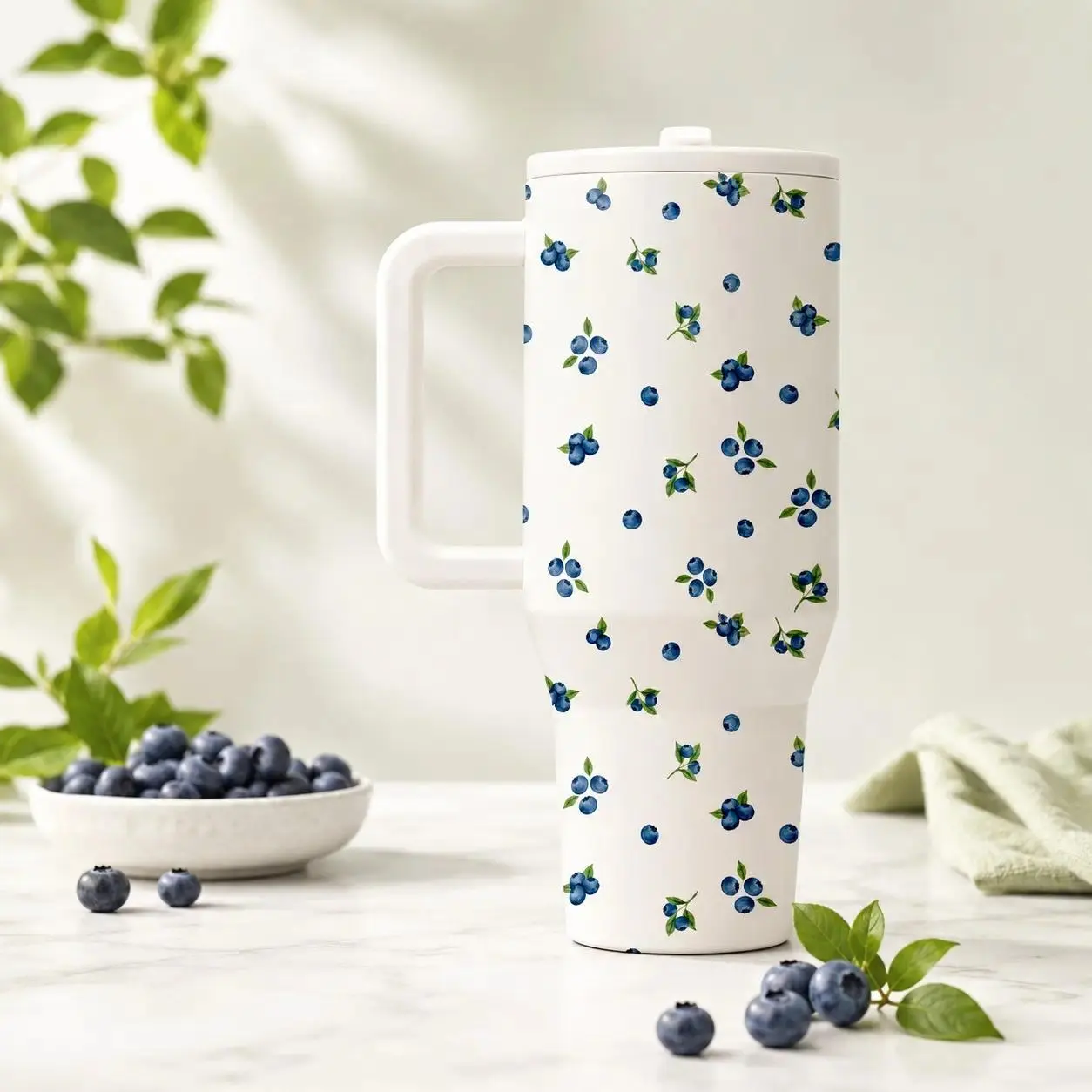 40oz Blueberry Pattern Insulated Cup, Mug, Flasks, Insulated Drinkware, Dual-Layer Vacuum Stainless Steel, Leak-Proof Handle, Keeps Hot 12h Cold 24h, Ideal for Summer Office Travel Home