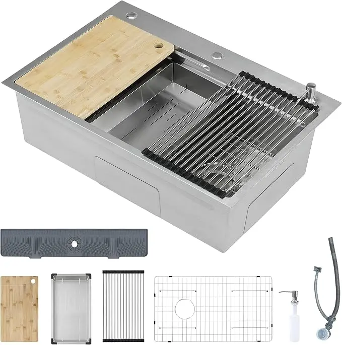 Tribesigns 30 x 22 in Gray Stainless Steel Kitchen Sink, 10 in Deep Drop-In Single Bowl Sink with Drainboard, Topmount Workstation Sink