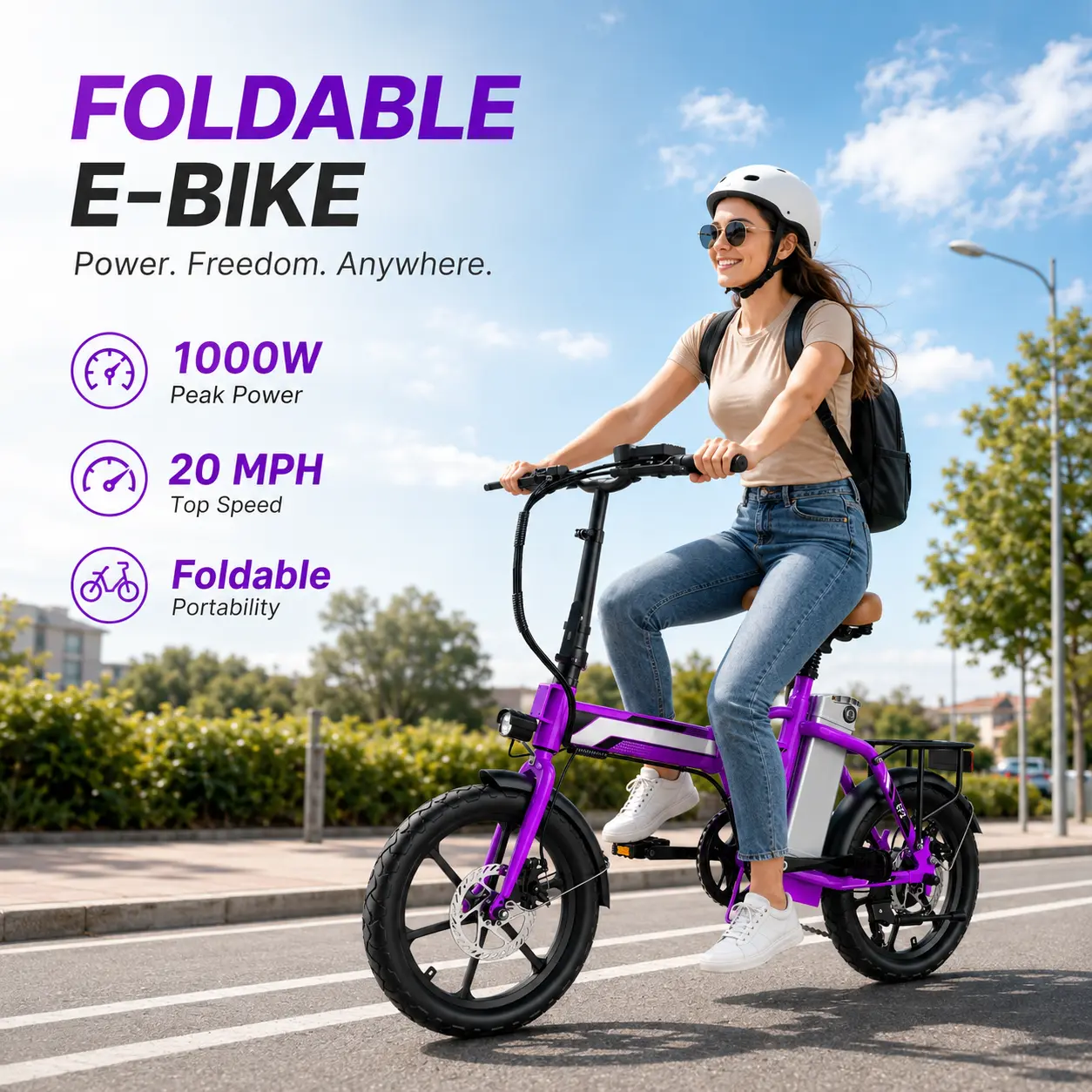 Adult Compact Folding Electric Bike - 1000W Peak Motor, 20 MPH Top Speed, 40 mi Max Range, 16" Tires, Dual Disc Brakes, UL-Certified 13.5Ah Battery, Portable City Commuter E-Bike