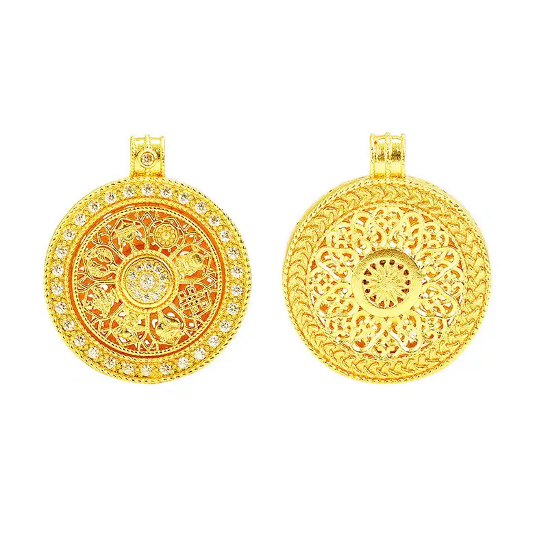 Unisex Vintage Chinese Motif Compass-Shape Round Pendant Necklace - 8 Treasures Gold Medal Fengshui Ornament, Ethnic Everyday Portable Balance Inspirational Symbolic Jewelry, Meaningful Home Decor Supply Gift