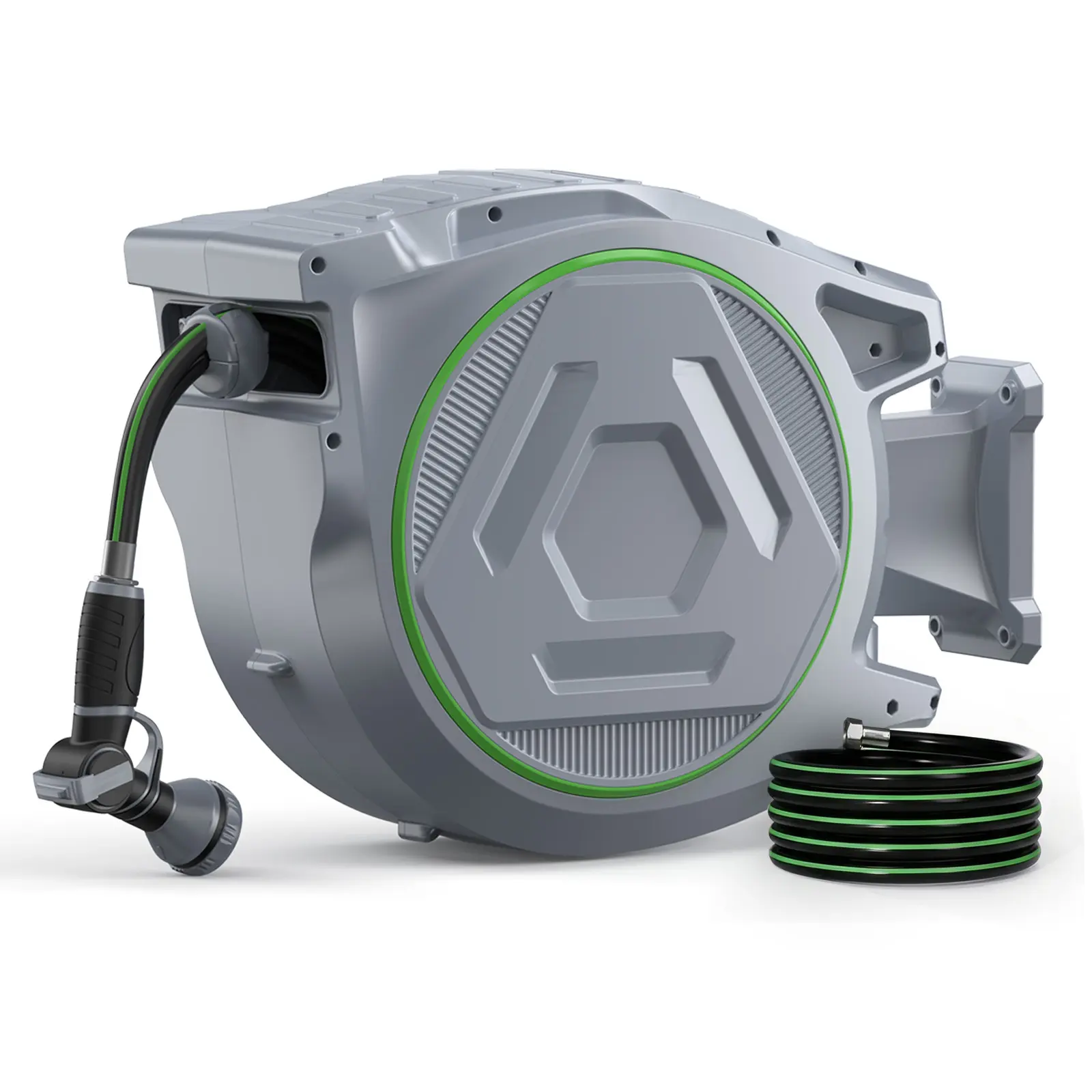 Retractable Garden Hose Reel, 5/8" x 100+6.6 FT Wall Mounted Water Hose Reel, Heavy Duty Automatic Hose Reel with 9 Pattern Nozzle, 11S Upgraded Slow Rewind & 180° Swivel for Outside Use