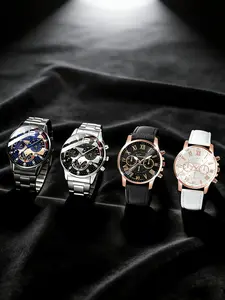 4-Piece Set Fashion Quartz Watch, PU Strap with Stainless Steel Band, Round Zinc Alloy Case, Multi-Time Zone & Date Function, Unisex Couple Watches