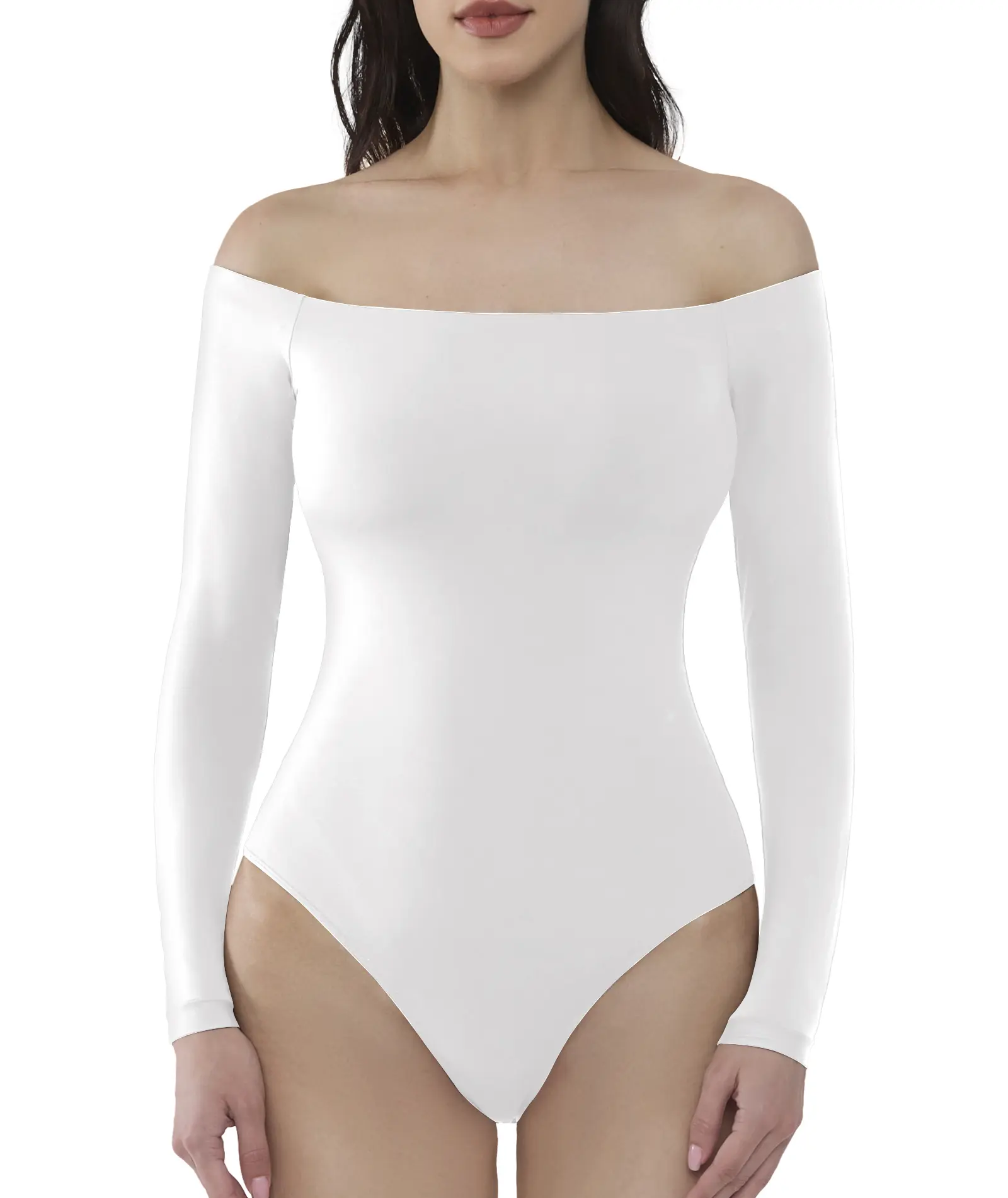 Mobeso Women‘s Off Shoulder Long Sleeve Double Layer Bodysuit - Sexy Going Out Tops for Women, Basic Minimalist Fashion Bodysuit Womenswear casual stretchy round jelly strip perfect body suit