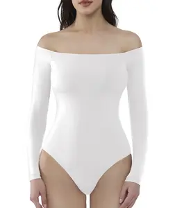 Mobeso Women‘s Off Shoulder Long Sleeve Double Layer Bodysuit - Sexy Going Out Tops for Women, Basic Minimalist Fashion Bodysuit Womenswear casual stretchy round jelly strip perfect body suit