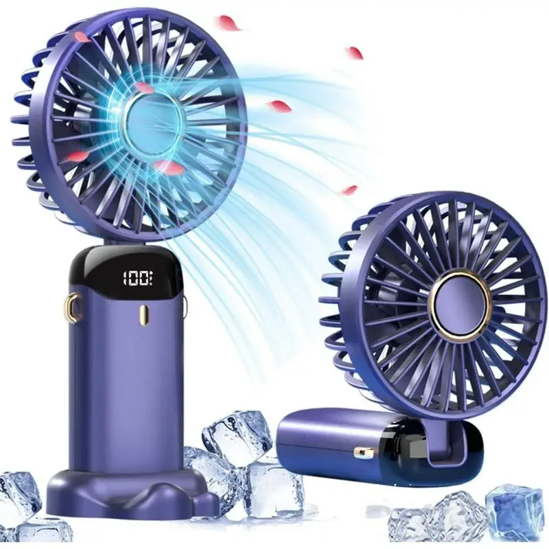 Handheld fan, new summer portable rechargeable, 90° adjustable wind direction, 5 wind speeds, digital display, with base, suitable for outdoor travel