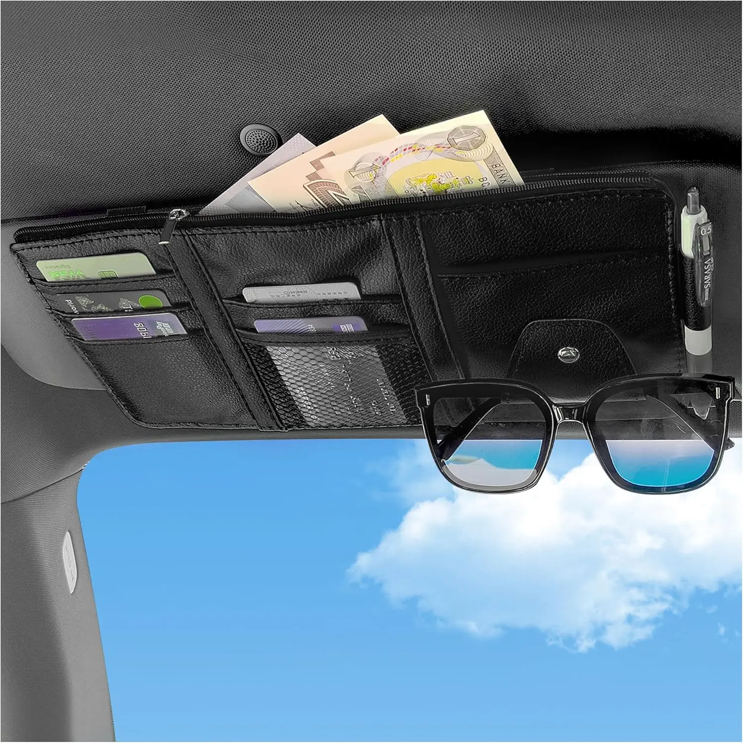 Elegant PU Leather Car Sun Visor Organizer - Car Storage Organizer with Sunglass Holder, 5 Card Pockets, Zippered Documents & Bills Storage, 12.21*5.91 Inch, Easy Installation for Driving (Black), Multi-Use