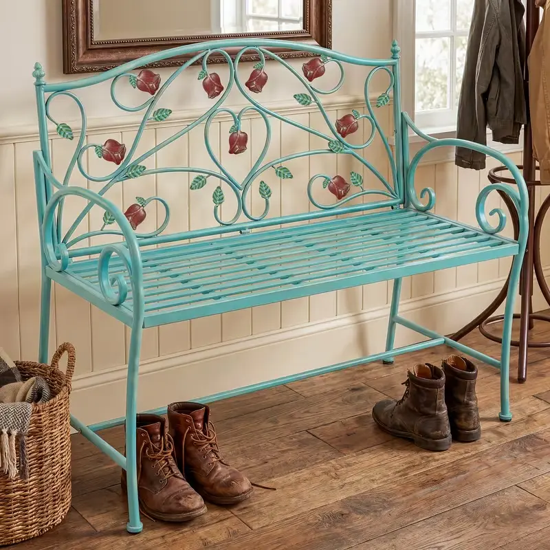 Vintage Garden Bench, Outdoor Wrought Iron Patio Bench with Romantic Rose Design. Extra-wide seat built for two people. Perfect for gardens, patios, porches, parks and backyards.