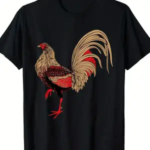 Modern Men's Black Cotton TShirt Featuring Bold Red Rooster Graphic Short Sleeve Round Neck Comfortable and Machine Washable