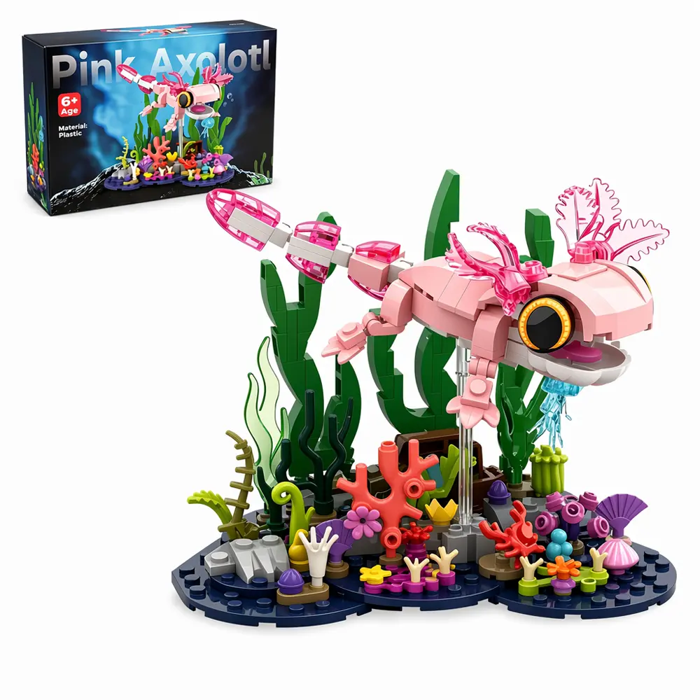 Pink Axolotl Building Block Set, Cute Underwater Salamander Model with Coral Reef Scene, DIY STEM Construction Toy, Aquarium Display Collectible Gift for Kids and Adults