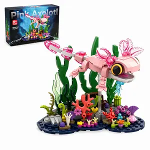 Pink Axolotl Building Block Set, Cute Underwater Salamander Model with Coral Reef Scene, DIY STEM Construction Toy, Aquarium Display Collectible Gift for Kids and Adults