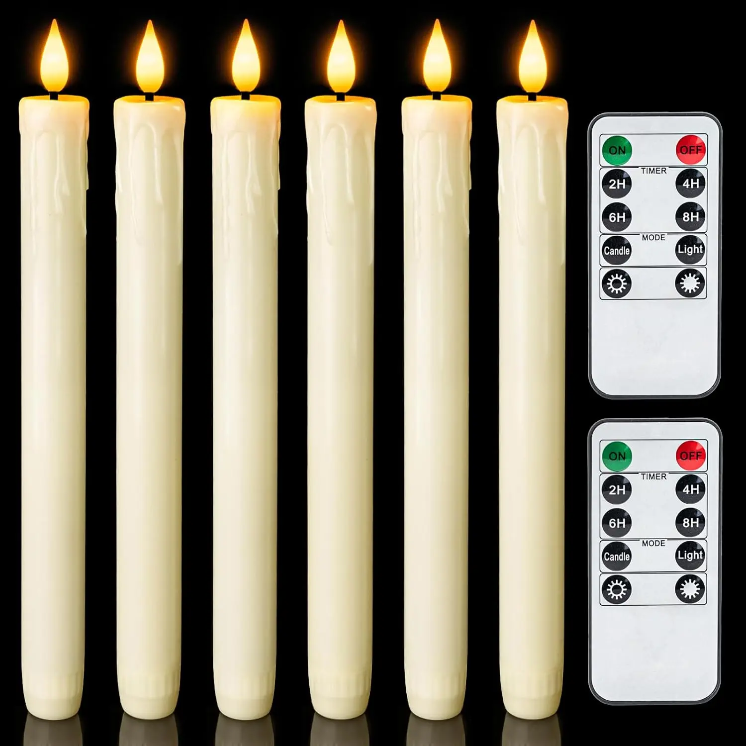 9.6 In Real Wax LED Flameless Taper Candles, Plastic Battery-Operated Fake Candlesticks with Remote Timer, Dripless 3D Flickering Flame Window Lights for Christmas, Wedding, Easter (Batteries Included)