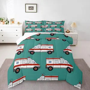 Ambulance Bedding Set Kids Car Comforter Set Boys Girls Decor Cartoon Car Comforter Microfiber Emergency Responder Vehicles Green Duvet Set Bedroom Quilt Set