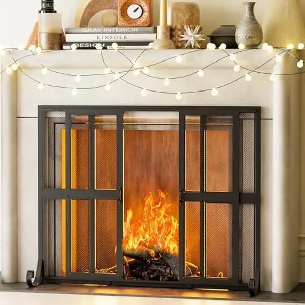 Handcrafted Metal Large Wrought Iron Fireplace Screen with Sliding Doors, 37.8in W x 30.7in H Modern Scrollwork Spark Guard, Adjustable Easy-Install Pet Safety Protector with Warranty for Living Room