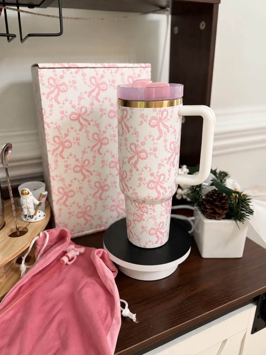 Pink Bow Floral 40oz Tumbler with Handle & Straw | Insulated Stainless Steel Travel Cup | Gift Box Included