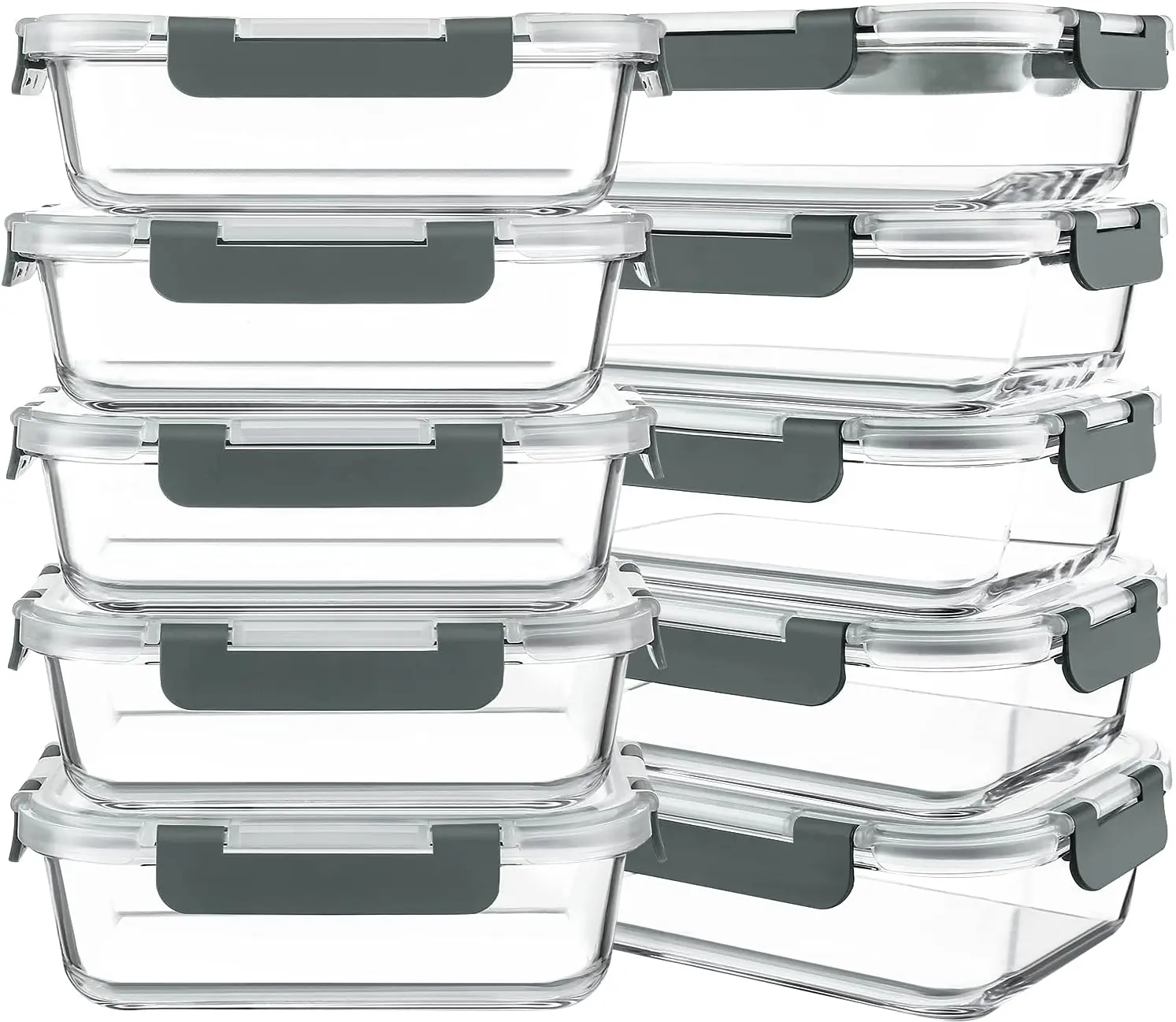 10 Packs 30 oz Glass Meal Prep Containers with Lids | Glass Food Storage Containers with Lids, Airtight Lunch Bento Boxes, Microwave, Freezer and Dishwasher, Gray