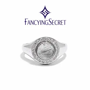 FancyingSecret S925 Silver Meteorite Ring – Genuine Iron Meteorite Center with Sparkling CZ Halo, Modern Cosmic Celestial Design, Unique 3D Texture, Elegant Jewelry for Daily Wear, Travel, Proposals, Birthdays, Anniversaries