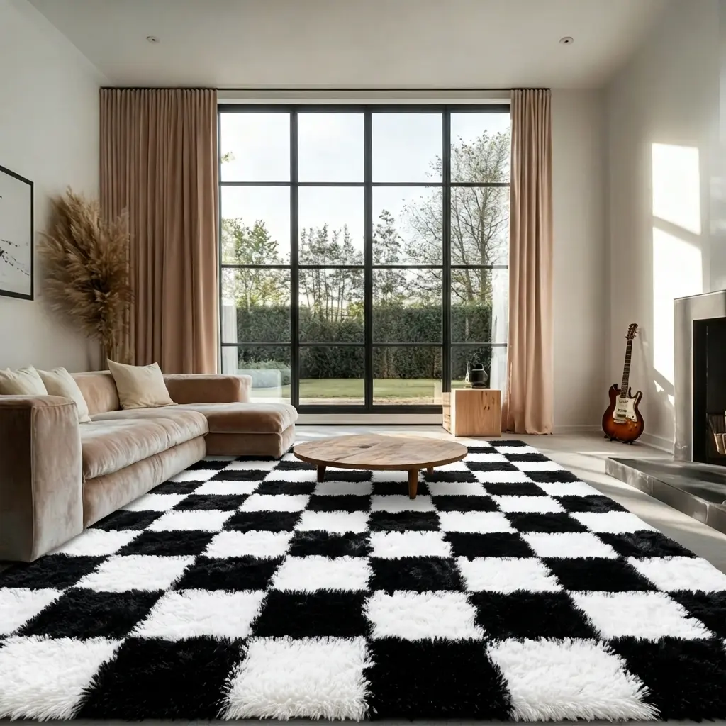 Black & White Checkered Fluffy Area Rug, Soft Shaggy Non-Slip Rug for Living Room & Bedroom, Modern Cozy Home Decor