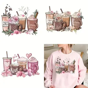 3-Piece Coffee Latte Design Heat Transfer Stickers, DIY Iron-On Patches for Clothing, T-Shirt Making, Pillow Decorations, Apparel Accessories