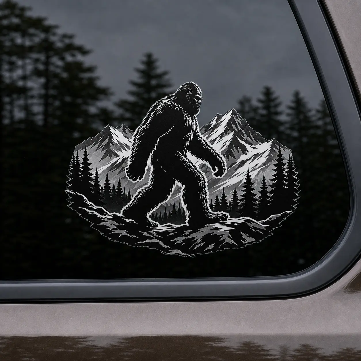 Bigfoot Mountain Forest Car Window Decal, Black and White Waterproof Vinyl Sticker