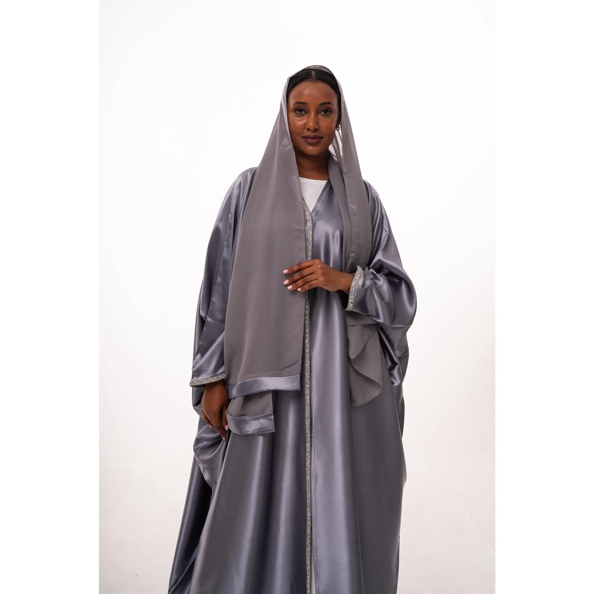 Einas Satin Open Abaya - Grey