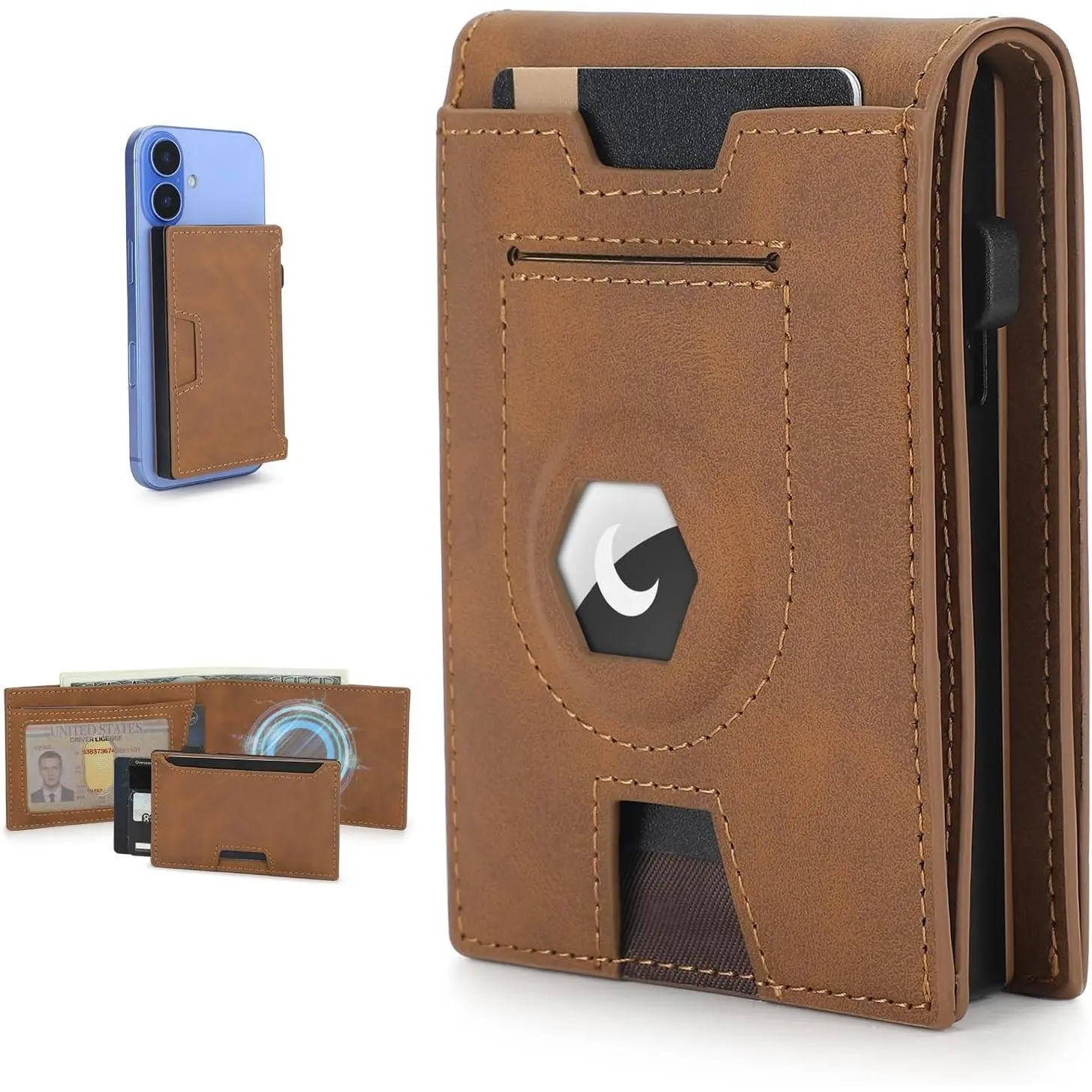 Airtag Wallet for Men, 2 in 1 Detachable MagSafe Minimalist Wallet,  Pop Up Card Holder, RFID Blocking  Bifold Wallets for 10 Cards &  with ID Window, Mens , Brown