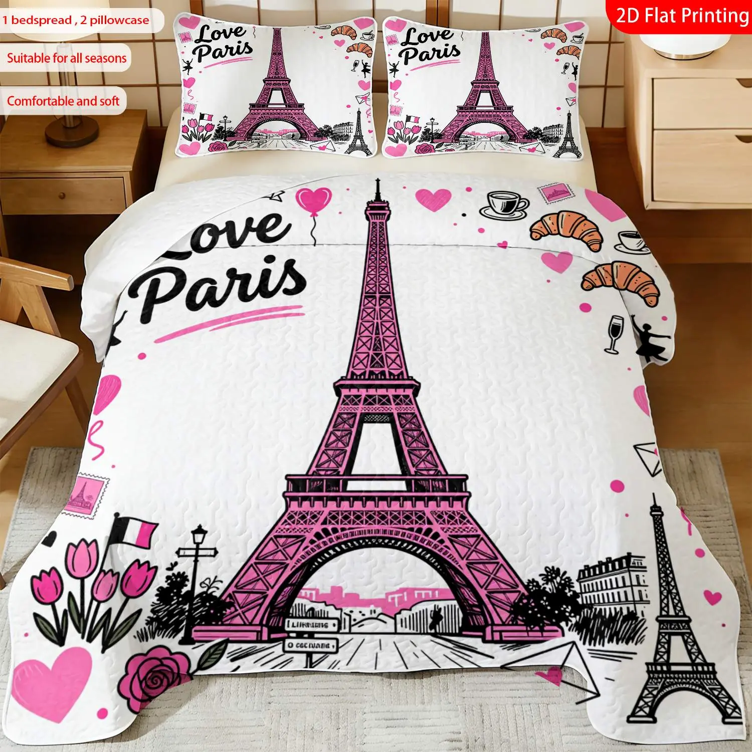 3pcs, 2D flat print Paris Eiffel Tower Themed Bedspread Set, multiple sizes available, bedding set, festive decorative bedding, ideal for bedroom décor(1 bedspread , 2 pillowcase)