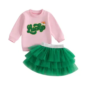 Canrulo Toddler Girls St Patricks Day Tulle Skirt Set Long Sleeve Lucky Embroidered Sweatshirt Tutu Dress Birthday Party Outfit Kids Spring Clothes Set