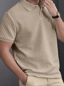 Men's Fashion Casual Business Polo Shirt, High-End Textured Solid Color Jacquard Collar T-Shirt, Essential Golf Tennis, Breathable Warm, Indoor & Outdoor