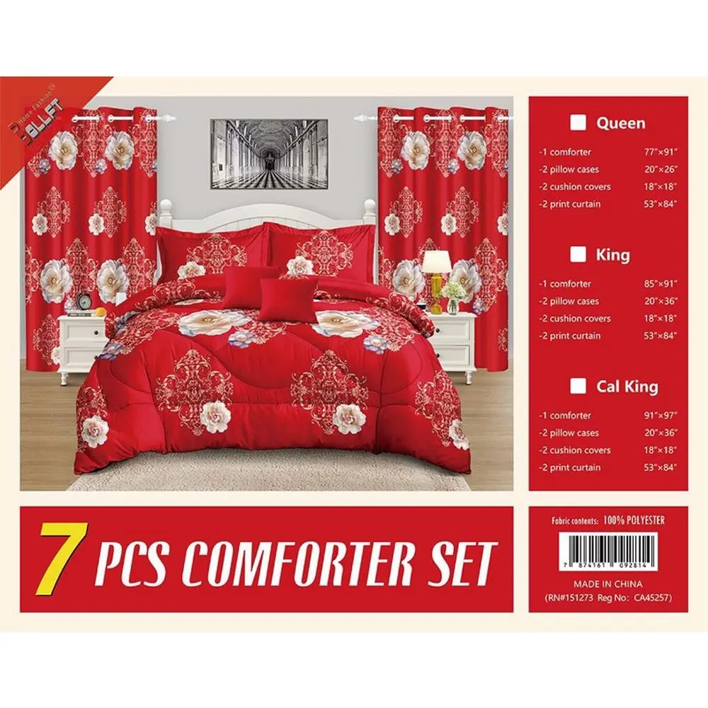 Luxury Red Floral 7 Piece King Bedding Set