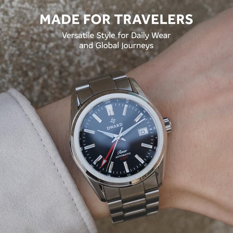 DWARD GMT Rover Automatic Watch with Dual Time Zone Function – Sapphire Crystal, 316L Stainless Steel (Black Granite)