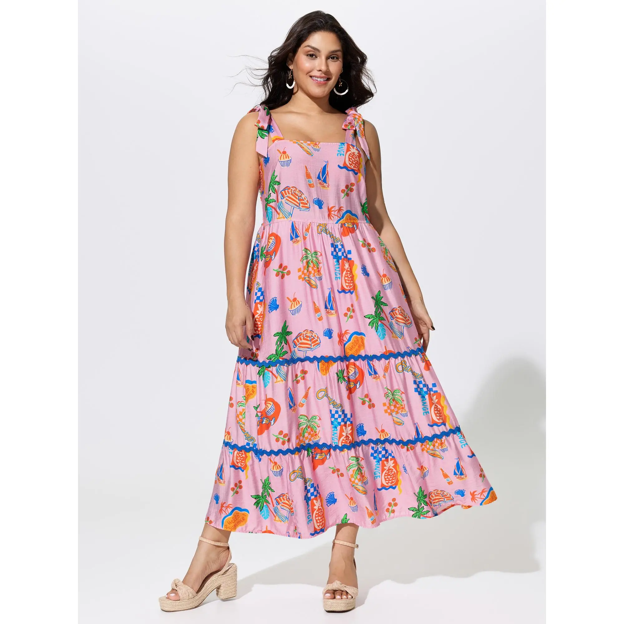 BloomChic Plus Size Supersoft Tropical Vacation Print Shirred Midi Dress 2026 [M-6X]Summerfinds