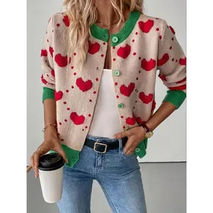 Women's Heart Print Button Front Cardigan, Casual Long Sleeve Cardigan Sweater for Spring & Fall, Fashion Women's Knitwear for Daily Wear