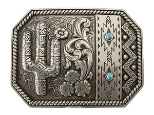 Engraved Turquoise Cactus Western Cowboy Metal Belt Buckle - Silver, for Belts, Cowboy Belt