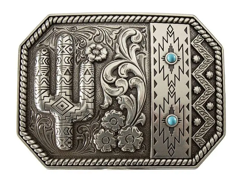 Engraved Turquoise Cactus Western Cowboy Metal Belt Buckle - Silver, for Belts, Cowboy Belt