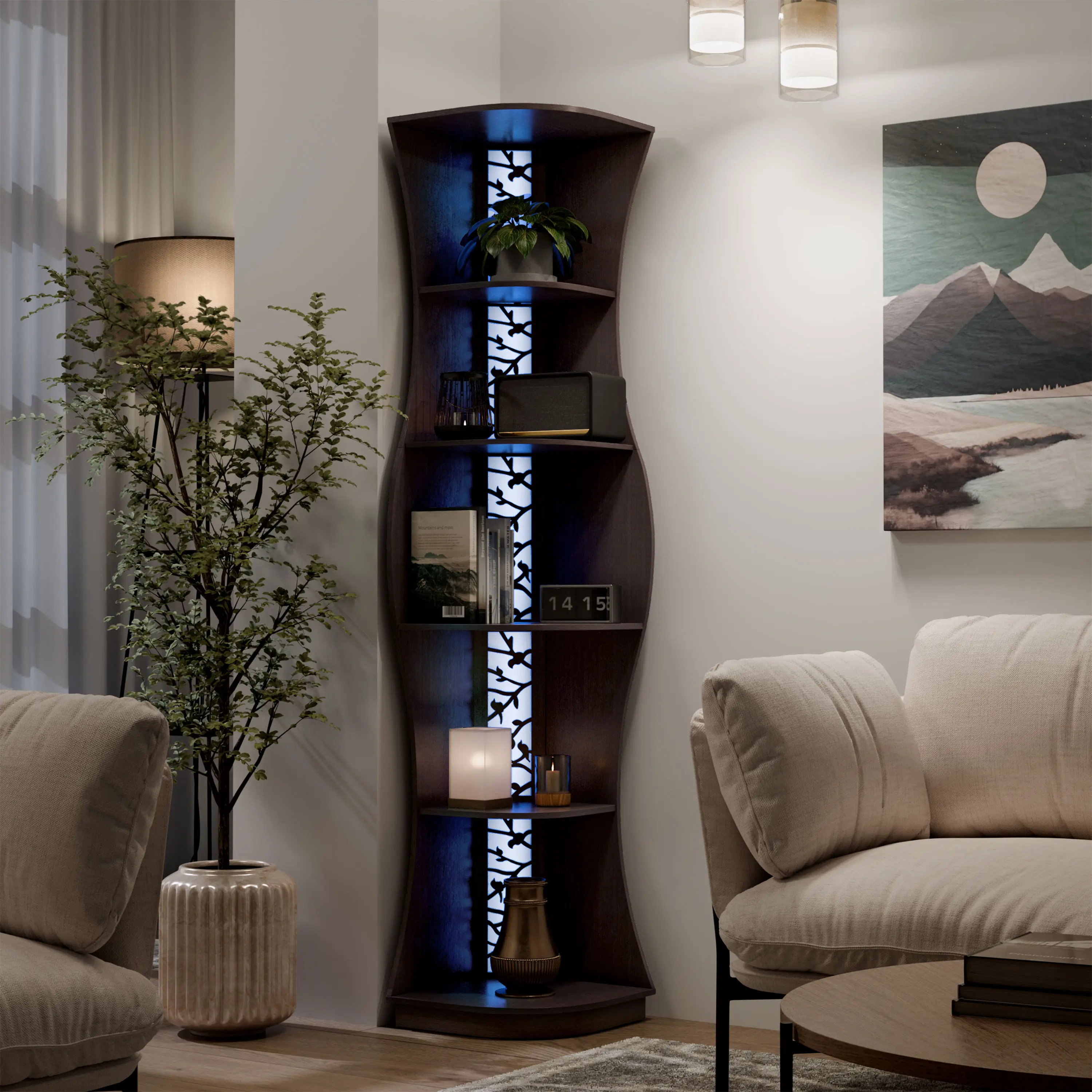 247 Shop at Home Curved Shelf Corner Bookcase with LED for Versatile Display and Modern Organization - Ideal for Home Decor