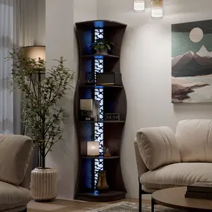247 Shop at Home Curved Shelf Corner Bookcase with LED for Versatile Display and Modern Organization - Ideal for Home Decor