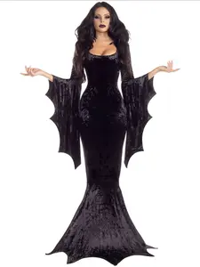 Witchy Costume Morticia Addams Long Train Dress Halloween Terror Dark Outfit Gothic Gown Robe Bat Sleeve Horror For Adult