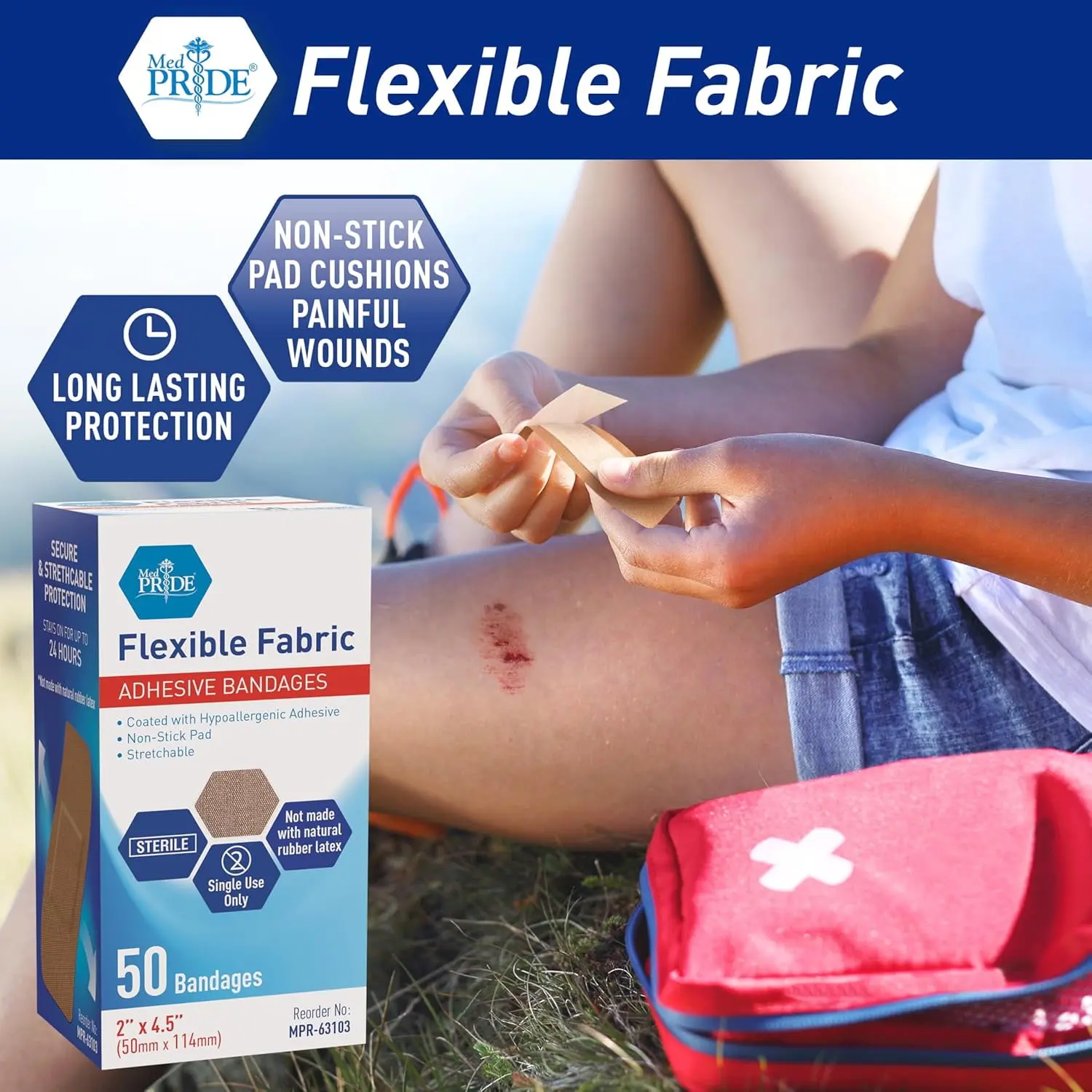 X-Large Fabric Adhesive Bandages 2" x 4.5", Hypoallergenic L, Non-Stick Pad