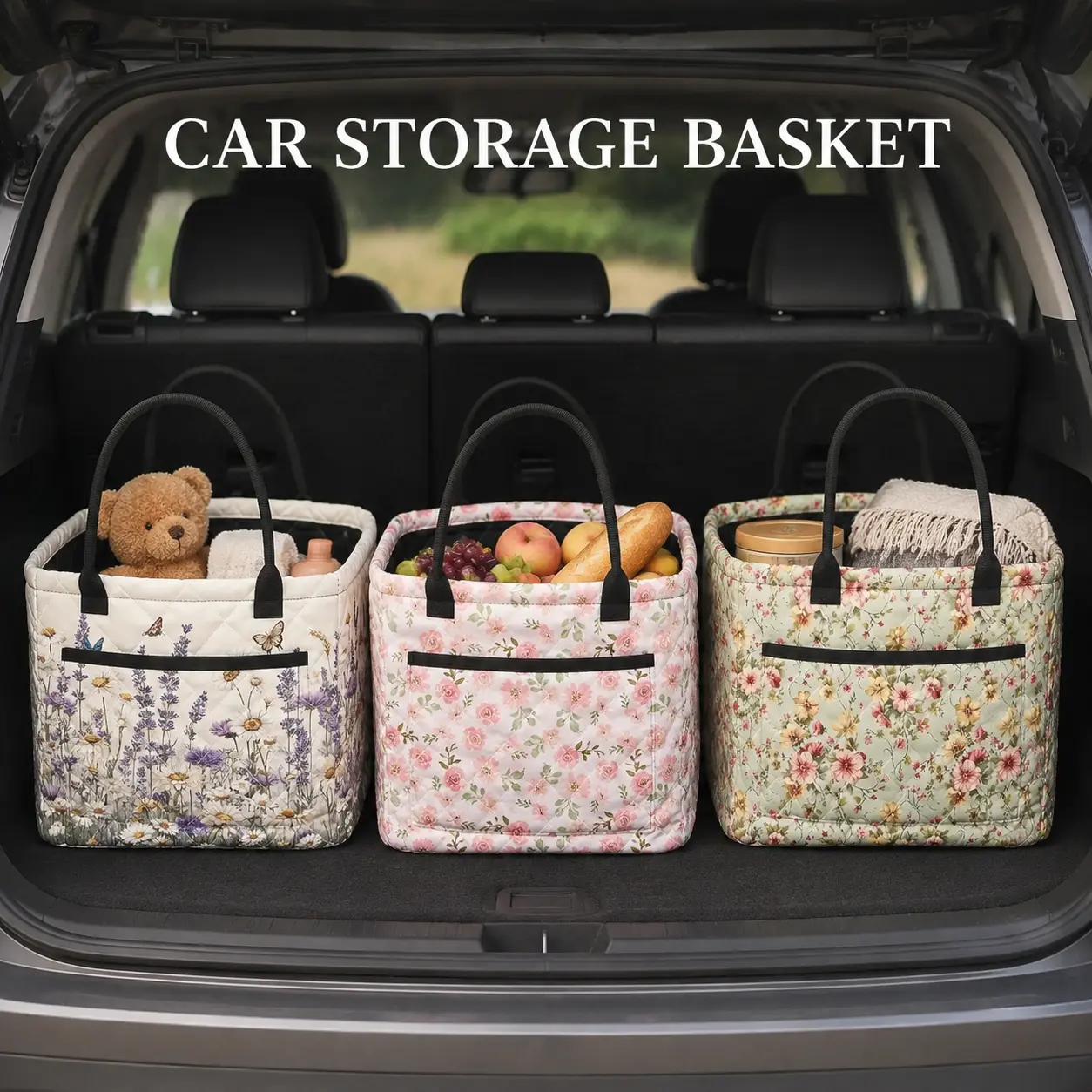 Quilted Floral Car Trunk Organizer Basket - Large Capacity, Collapsible, Portable with Handles, Multi-Use for Car Home Picnic, Premium Gift Package for Moms, Automotive Interior Stowing Accessory