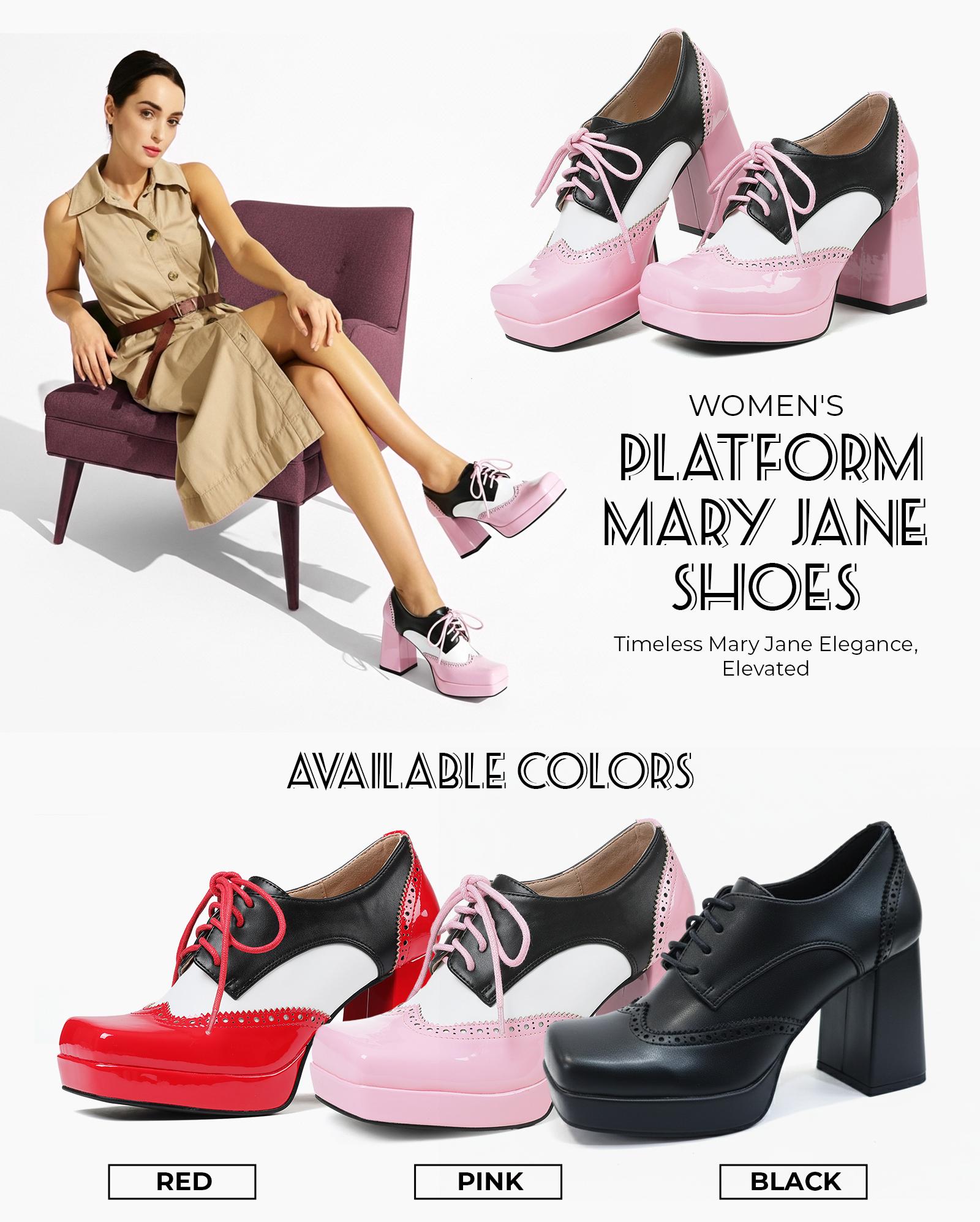 Platform Mary Jane Shoes For Women Square Toe Chunky Block High Heels lace Up Gifts for her Brouge Colorblock Oxford Heel Comfy Slip On Retro Vinatge Casual Concert Date Party Heeled Shoes