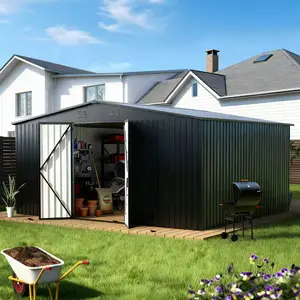 【Summer garden】MNLR 14x12 FT Outdoor Metal Storage Shed, Large Steel Tool Shed with Lockable Double Doors, Sloped Roof and Reinforced Frame for Backyard Garden Patio Storage