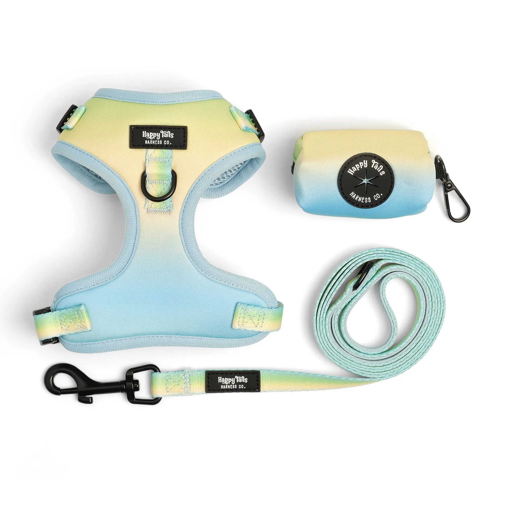 Happy Tails Pastel Breeze Dog Walking Set - Adjustable Harness, Leash, & Poop Bag Holder - Ombre Pastel Colors