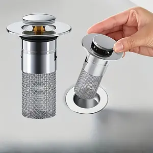 Pop-Up Bathroom Sink Drain Stopper (1 Set), Stainless Steel Drain Filter & Hair Collector, Universal Sink Drain Stopper for RV Home Bathroom Kitchen