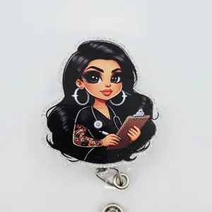 Latina Healthcare Worker in Black Scrubs Glitter Acrylic Retractable Badge ID Reel Belt or Alligator Clip Cute Nurse doctor reels