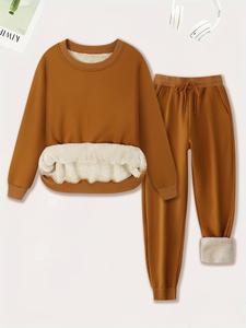 women's plain plush lined sweatshirt & drawstring waist sweatpants two-piece set, fall sets casual round neck long sleeve pullover & pocket jogger pants, comfortable women's two-piece outfits for winter, downtown girl clothes, warm fabrics