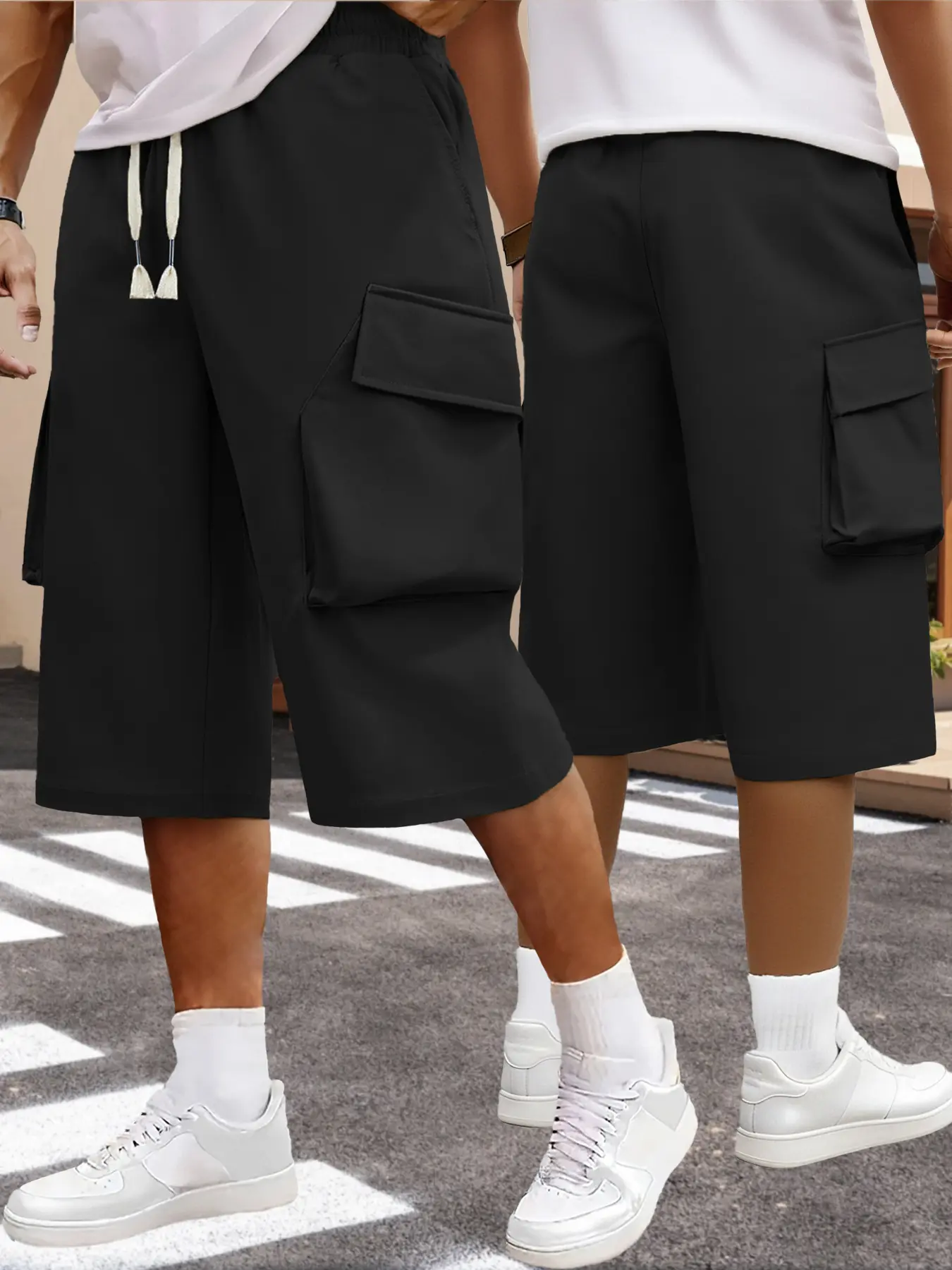 Men’s summer casual comfortable cargo shorts with an elastic drawstring waistband and multiple storage pockets, suitable for outdoor commuting and sports.