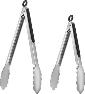 Metal Cooking Tongs,Stainless Steel Food Tong with No-slip Silicon and Locking Ring for Kitchen - 9 &12 inch,Set of 2-Black